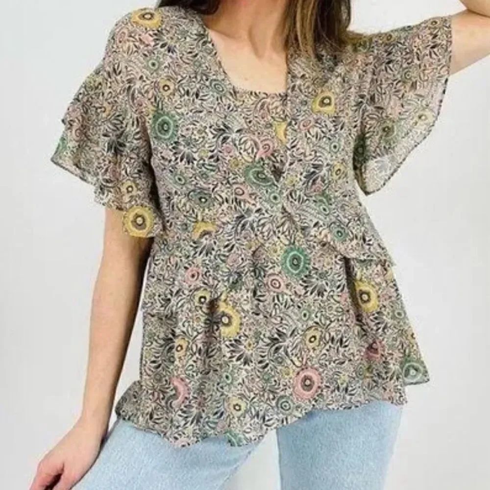 Cabi Poet Floral Ruffle Sleeve Sheer Boho Blouse